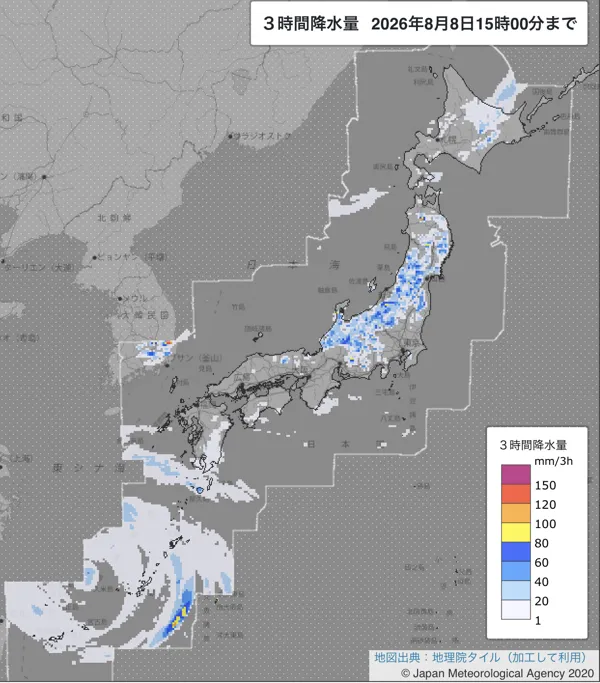 2026年8月8日12〜15時の日本周辺の3時間解析降水量