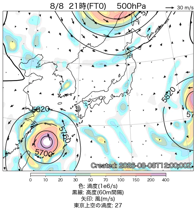 2026年8月8日の日本周辺の500hPa天気図（21時）