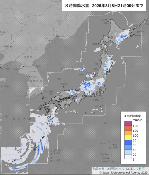 2026年8月8日18〜21時の日本周辺の3時間解析降水量