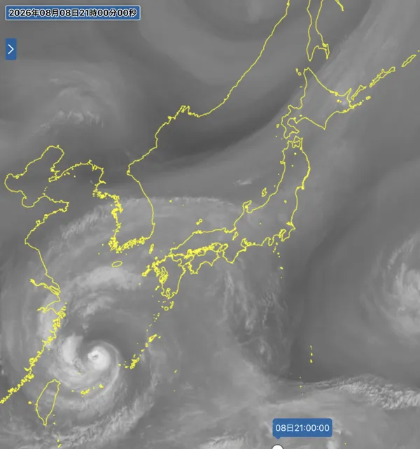 2026年8月8日21時の日本周辺の衛星水蒸気画像