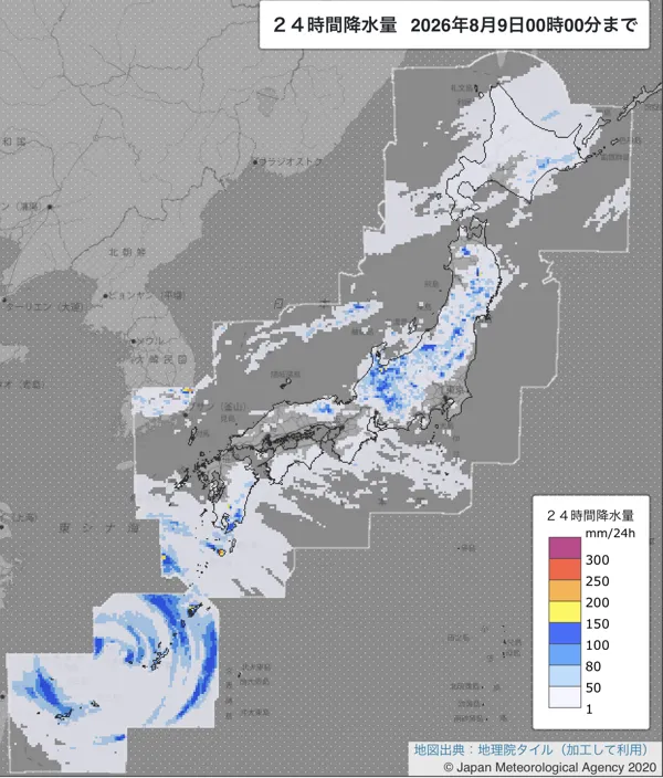 2026年8月8日の日本周辺の日解析雨量の図