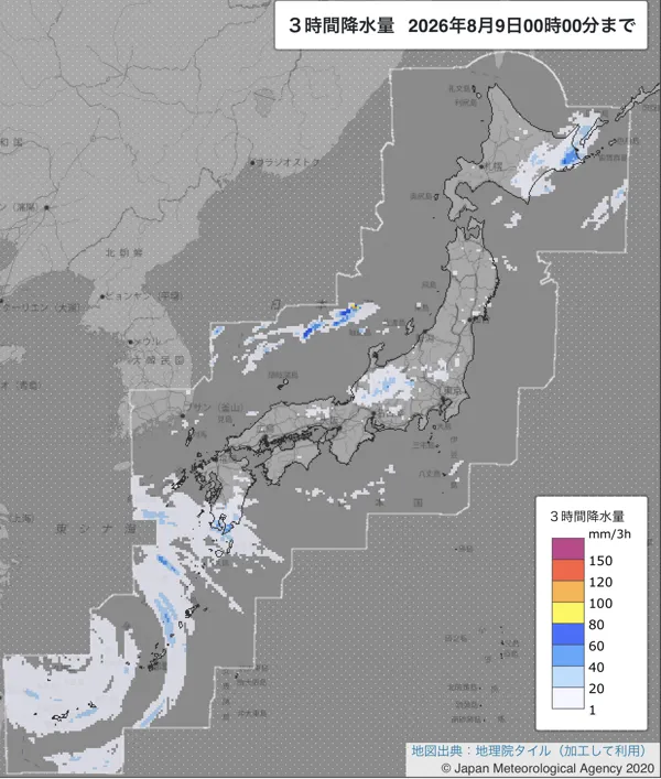2026年8月8日21〜24時の日本周辺の3時間解析降水量