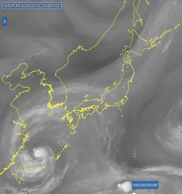 2026年8月8日24時の日本周辺の衛星水蒸気画像