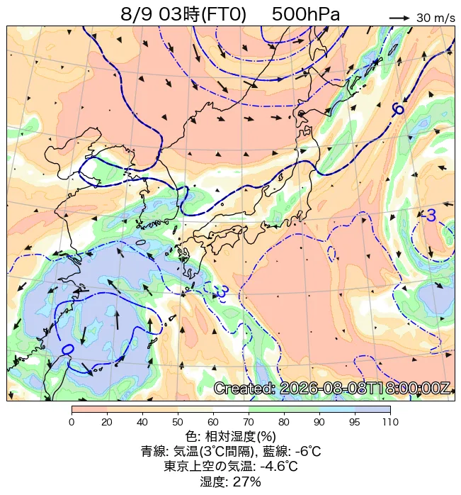 2026年8月9日の日本周辺の500hPa天気図（3時）