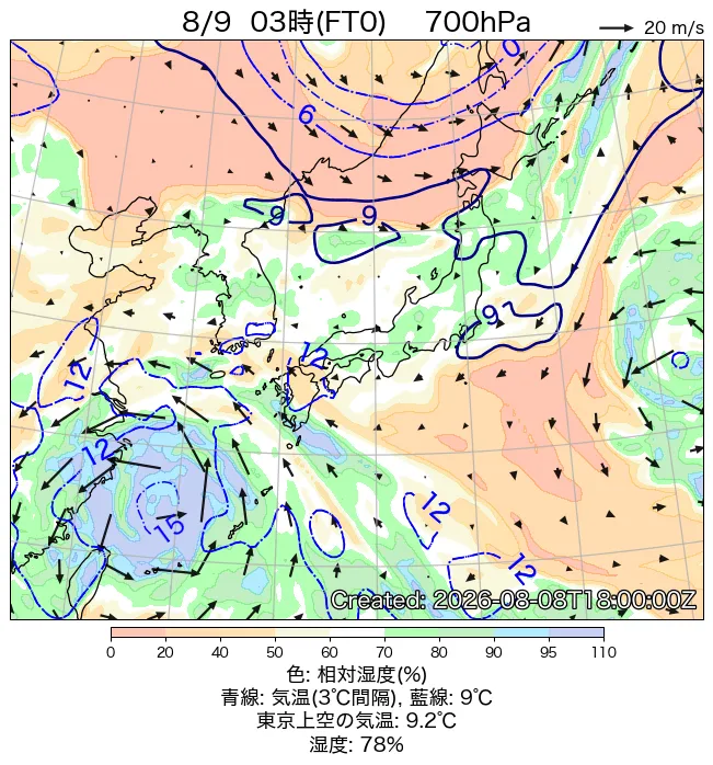 2026年8月9日の日本周辺の700hPa天気図（3時）
