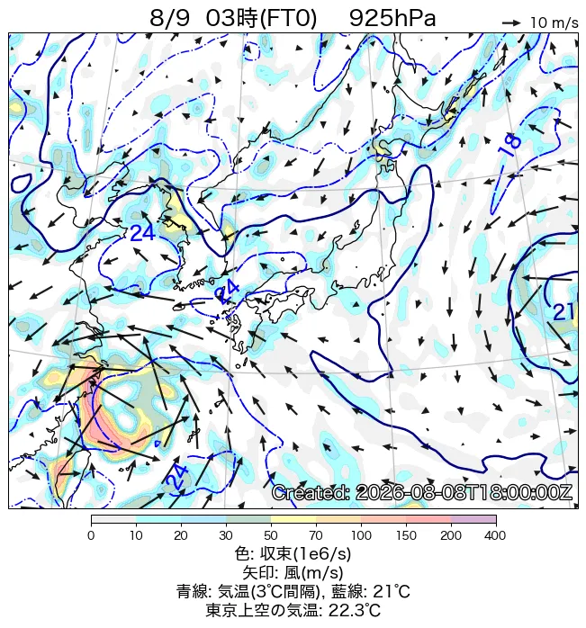 2026年8月9日の日本周辺の925hPa天気図（3時）