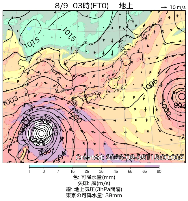 2026年8月9日の日本周辺の地上天気図（3時）