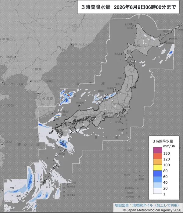 2026年8月9日3〜6時の日本周辺の3時間解析降水量