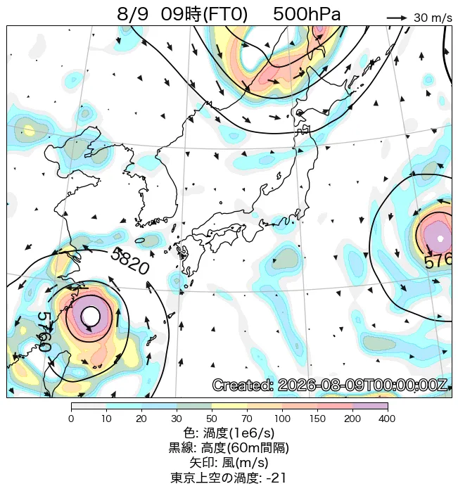 2026年8月9日の日本周辺の500hPa天気図（9時）
