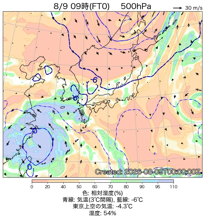 2026年8月9日の日本周辺の500hPa天気図（9時）