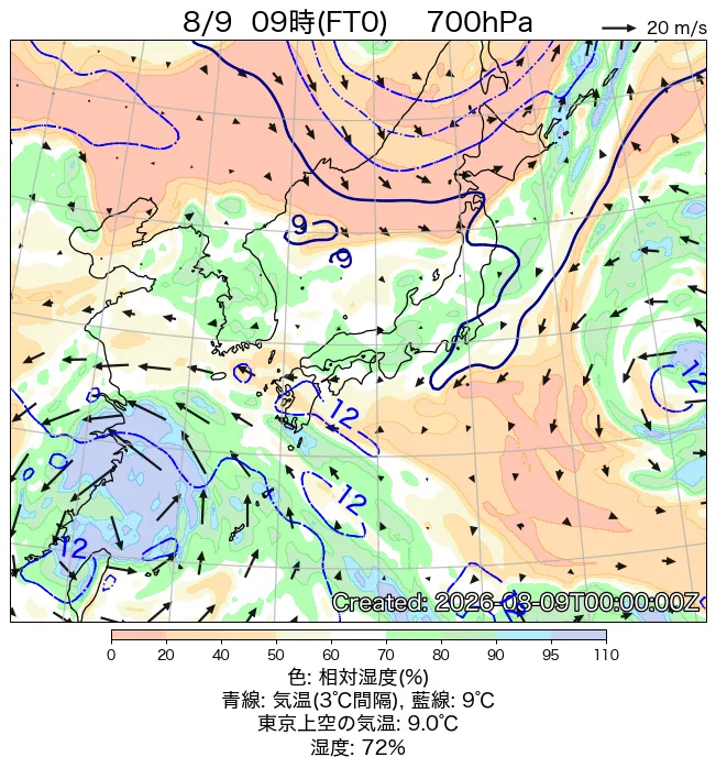 2026年8月9日の日本周辺の700hPa天気図（9時）