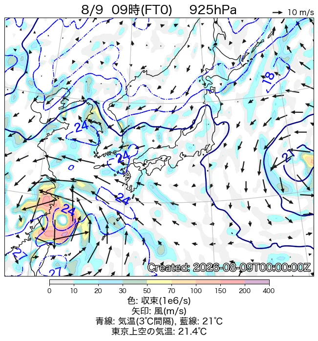 2026年8月9日の日本周辺の925hPa天気図（9時）