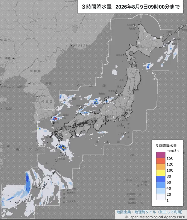 2026年8月9日6〜9時の日本周辺の3時間解析降水量