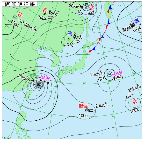 2026年8月9日9時の速報天気図