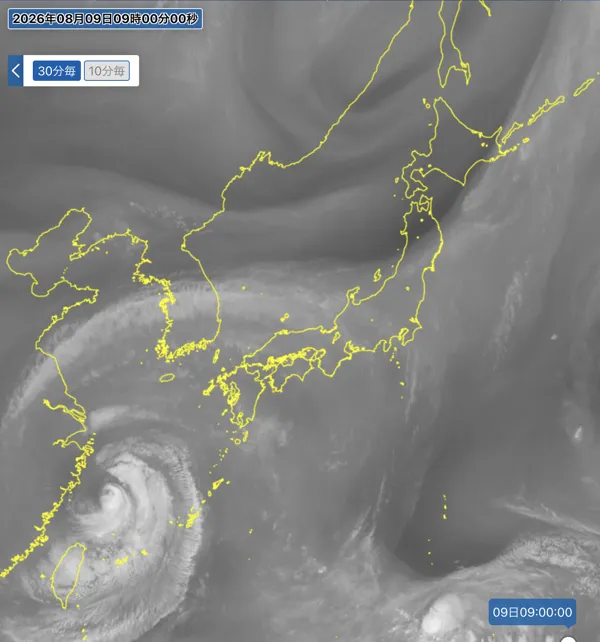 2026年8月9日9時の日本周辺の衛星水蒸気画像