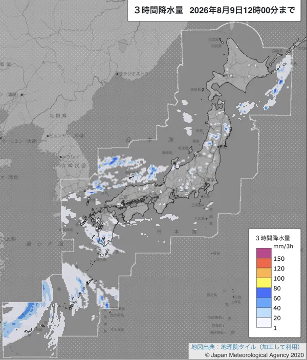 2026年8月9日9〜12時の日本周辺の3時間解析降水量