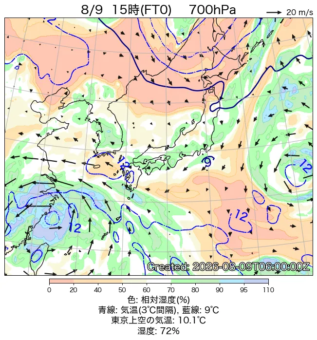 2026年8月9日の日本周辺の700hPa天気図（15時）