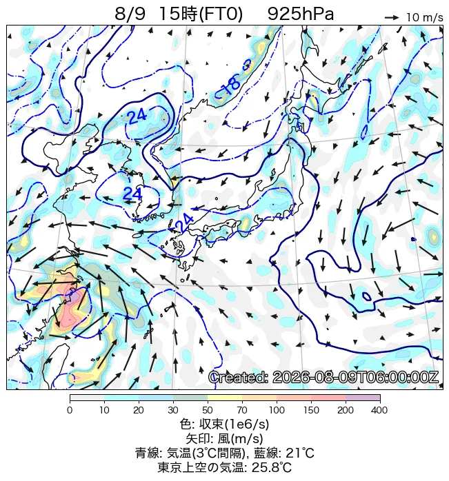 2026年8月9日の日本周辺の925hPa天気図（15時）