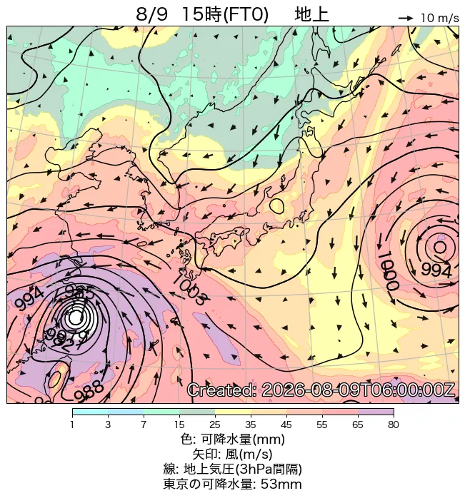 2026年8月9日の日本周辺の地上天気図（15時）