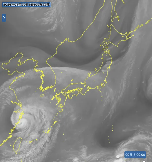 2026年8月9日15時の日本周辺の衛星水蒸気画像