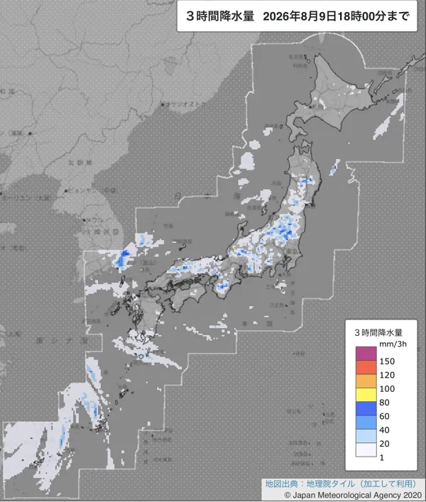 2026年8月9日15〜18時の日本周辺の3時間解析降水量