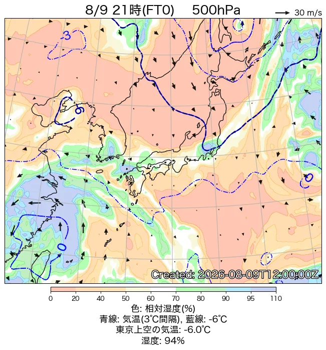 2026年8月9日の日本周辺の500hPa天気図（21時）