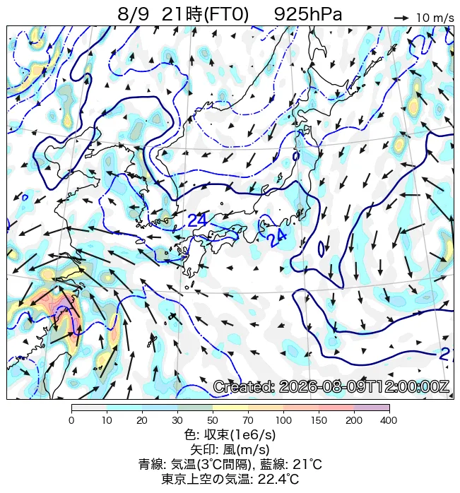 2026年8月9日の日本周辺の925hPa天気図（21時）