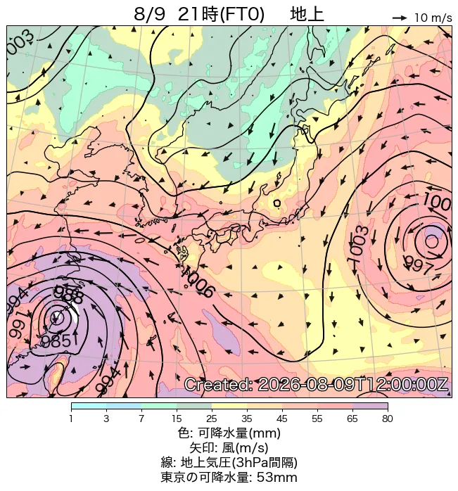 2026年8月9日の日本周辺の地上天気図（21時）