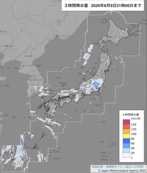 2026年8月9日18〜21時の日本周辺の3時間解析降水量