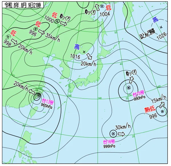 2026年8月9日21時の速報天気図