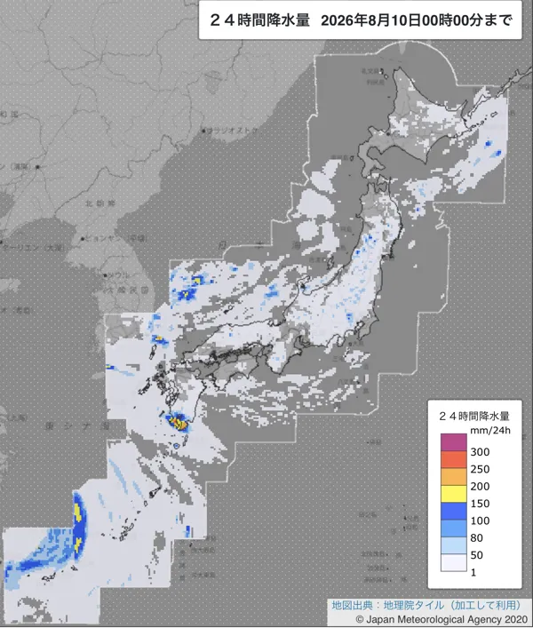 2026年8月9日の日本周辺の日解析雨量の図