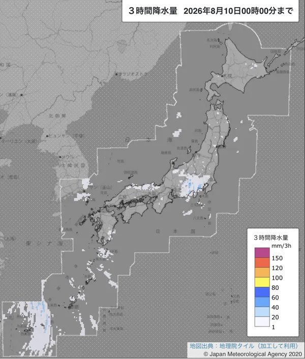2026年8月9日21〜24時の日本周辺の3時間解析降水量