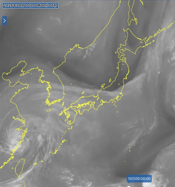 2026年8月9日24時の日本周辺の衛星水蒸気画像