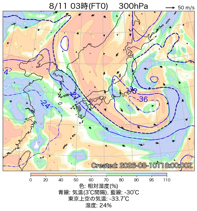 2026年8月11日の日本周辺の300hPa天気図（3時）