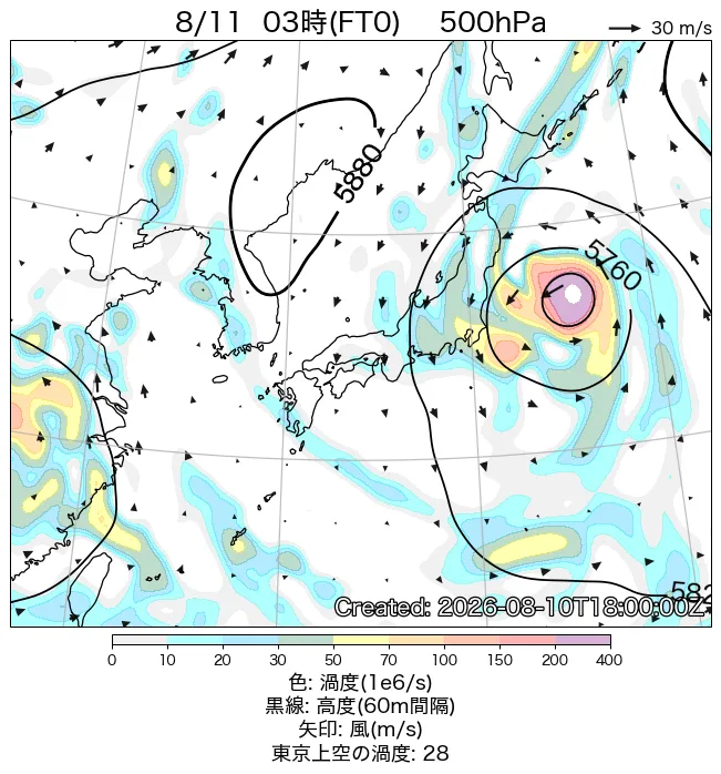 2026年8月11日の日本周辺の500hPa天気図（3時）