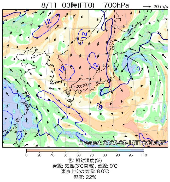 2026年8月11日の日本周辺の700hPa天気図（3時）