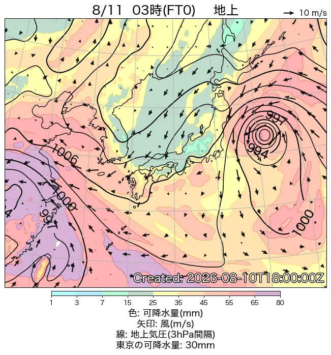 2026年8月11日の日本周辺の地上天気図（3時）