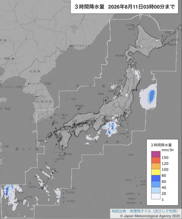 2026年8月11日0〜3時の日本周辺の3時間解析降水量
