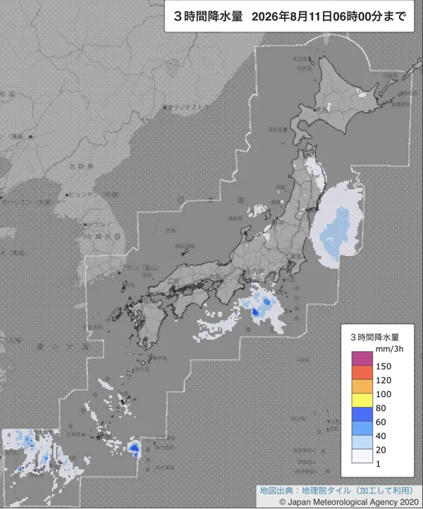 2026年8月11日3〜6時の日本周辺の3時間解析降水量