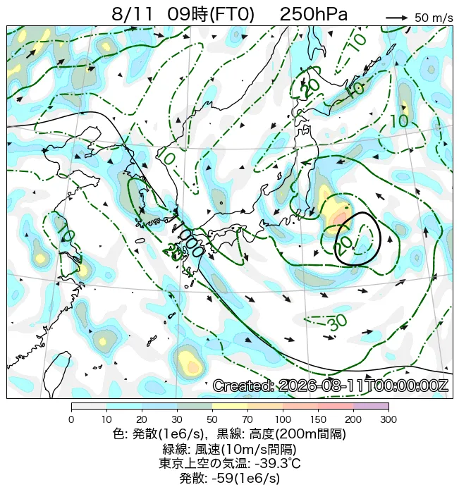 2026年8月11日の日本周辺の250hPa天気図（9時）