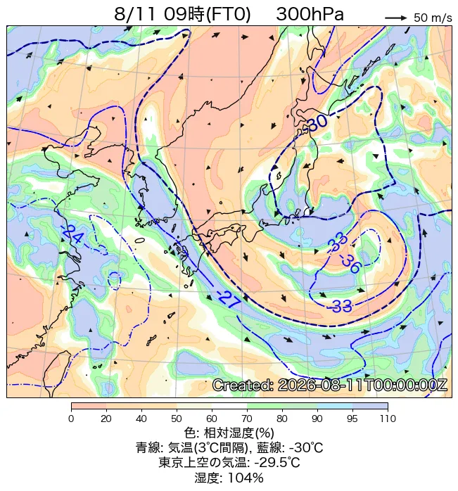2026年8月11日の日本周辺の300hPa天気図（9時）