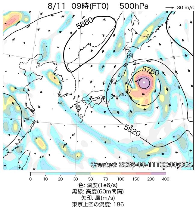2026年8月11日の日本周辺の500hPa天気図（9時）