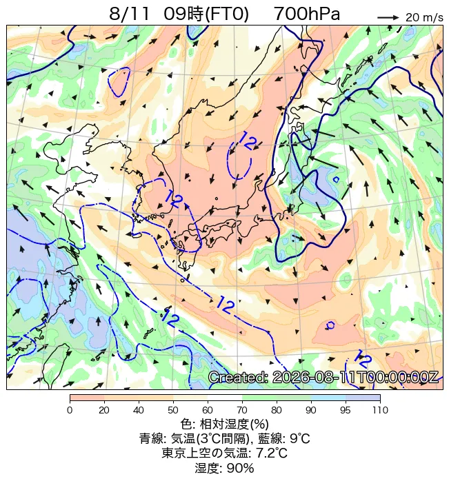 2026年8月11日の日本周辺の700hPa天気図（9時）