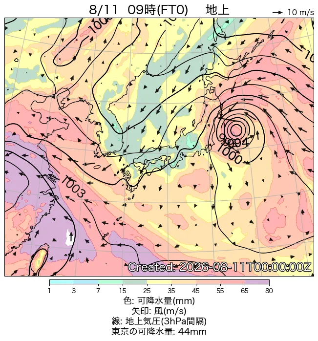 2026年8月11日の日本周辺の地上天気図（9時）