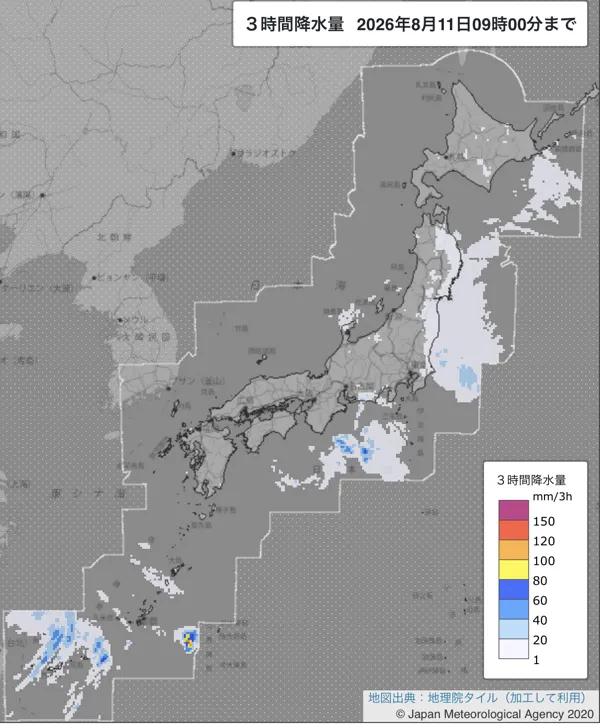 2026年8月11日6〜9時の日本周辺の3時間解析降水量