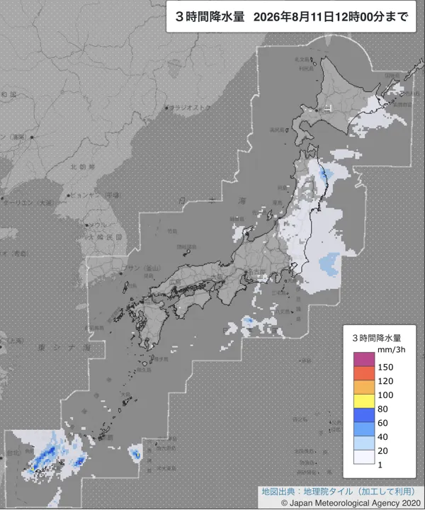 2026年8月11日9〜12時の日本周辺の3時間解析降水量