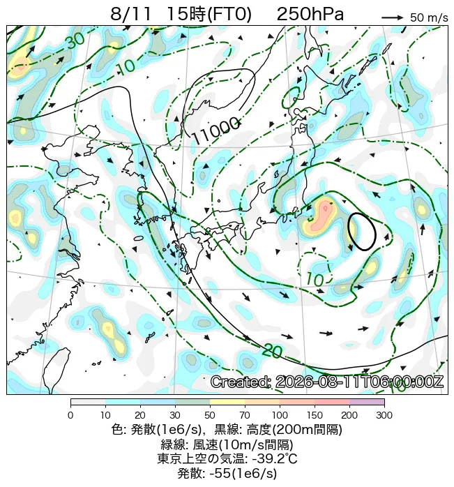 2026年8月11日の日本周辺の250hPa天気図（15時）