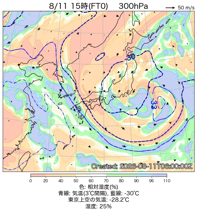 2026年8月11日の日本周辺の300hPa天気図（15時）
