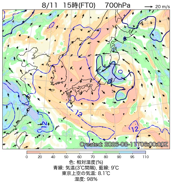 2026年8月11日の日本周辺の700hPa天気図（15時）