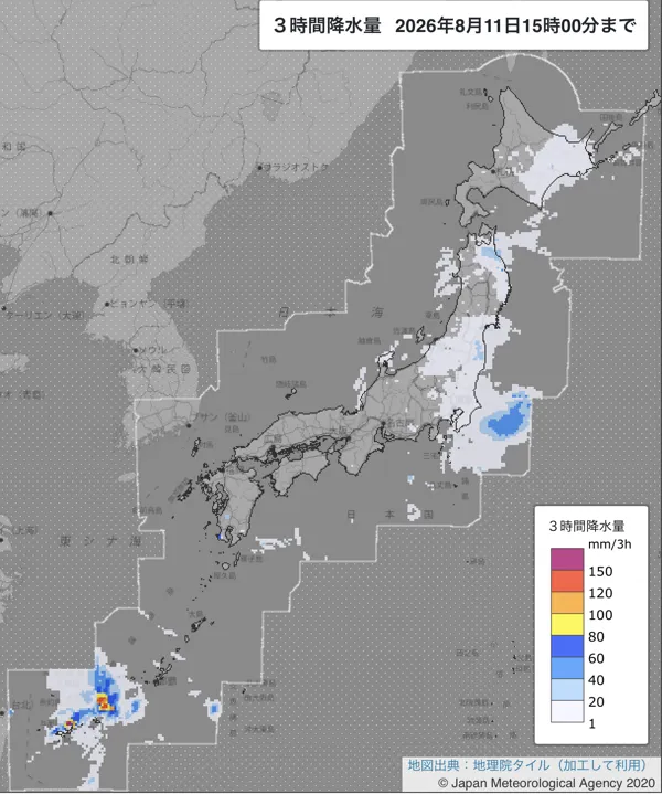 2026年8月11日12〜15時の日本周辺の3時間解析降水量